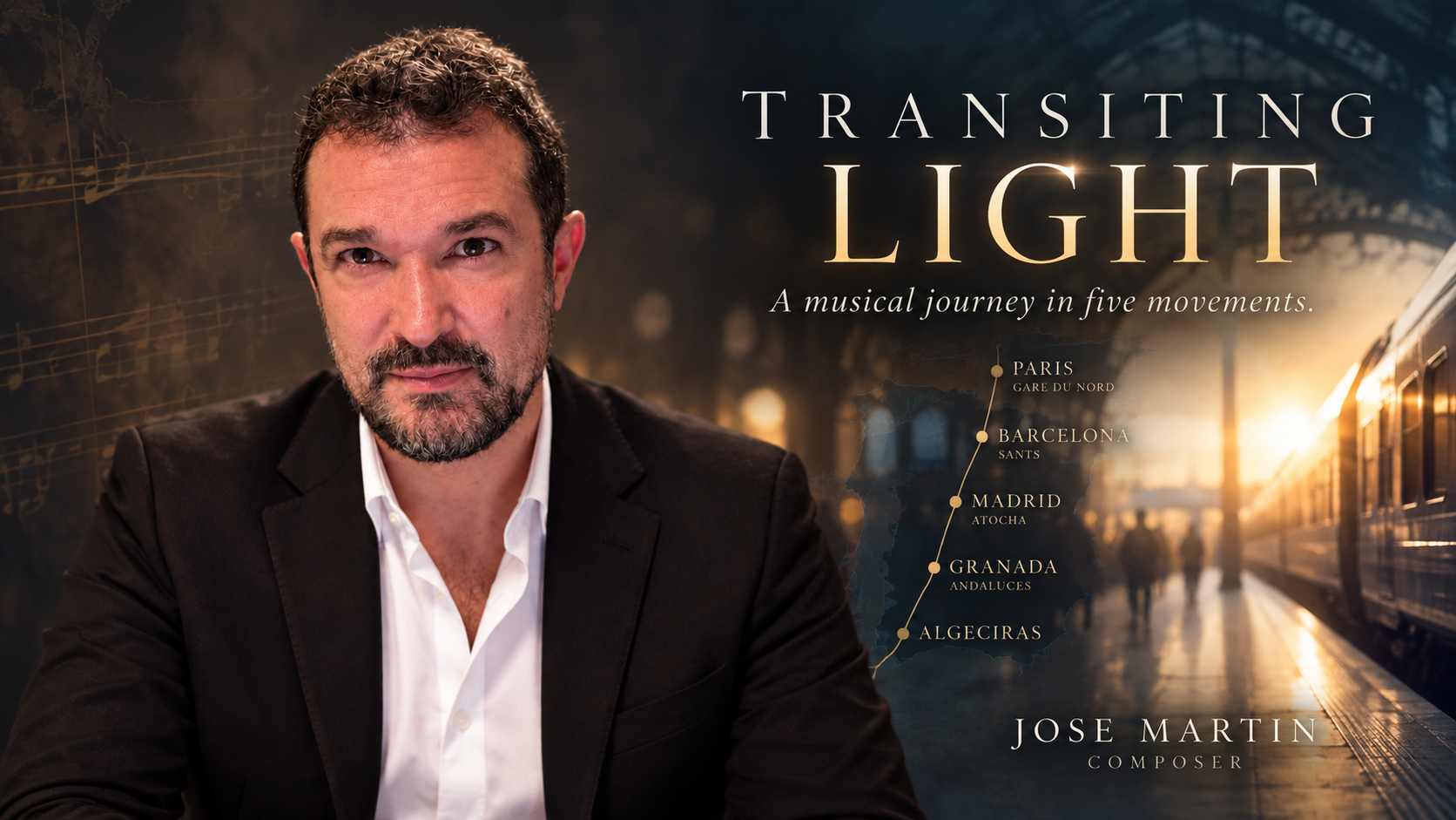 Jose Martin beside a railway platform, with Transiting Light — a musical journey in five movements — and the route from Paris to Algeciras